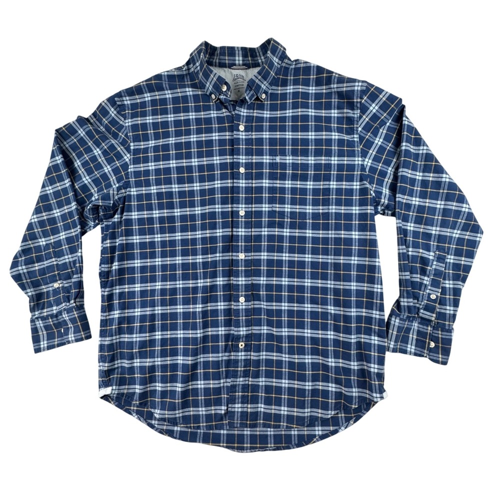 IZOD‎ Saltwater Mens XL Blue Plaid Stretch Long Sleeve Button Down Shirt